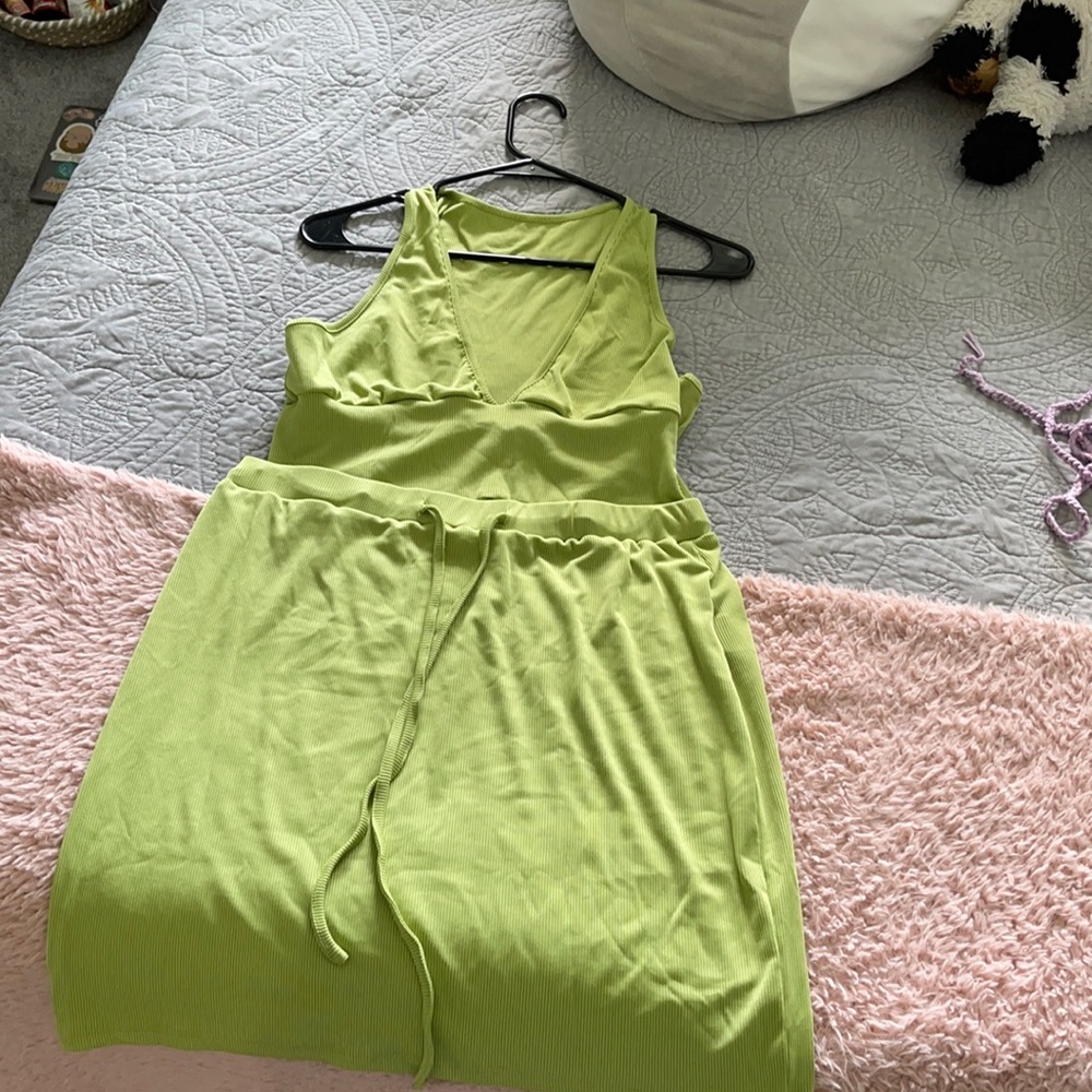 Green crop top and skirt